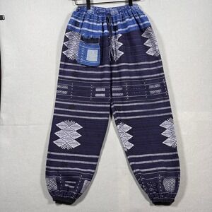 Boho Indigo Woven Harem Pants Blue Geometric Drawstring Joggers